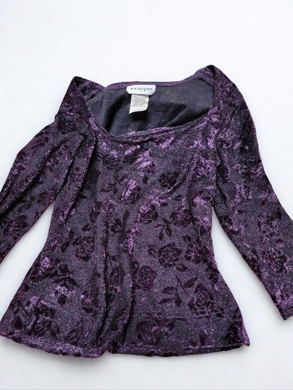 Vintage 90s Wrapper Purple Black Floral Lace Top Square Neck Whimsigoth S/M